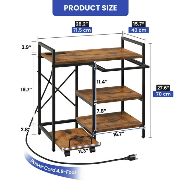 ModFusion File Cabinet with USB Charging Station, Rolling Rack with Wheels, Adjustable Feet, Printer Shredder Stand Storage, Home Office Organizer, Rustic Brown