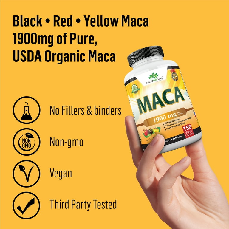Organic Maca Root Black, Red, Yellow 1900 mg per serving - 150 Vegan Capsules Peruvian Maca Root Gelatinized