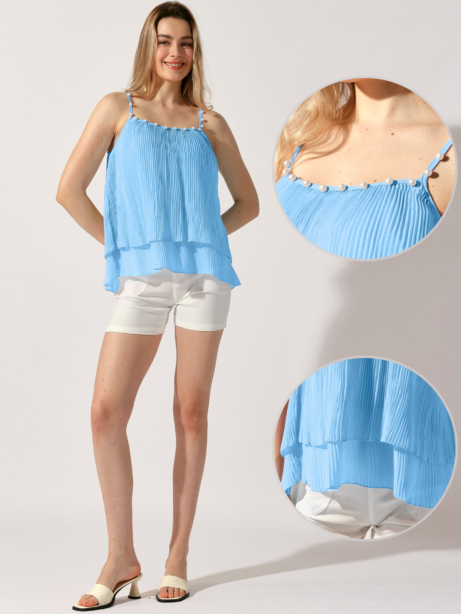 DARING DIVA Women Double-Layer Pleated Ruffle Summer Casual Tops M Blue