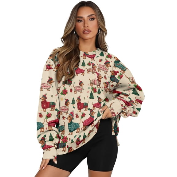 SCRAWLGOD Dachshund Christmas Tree Poinsettia Beige Crewneck Fall Sweatshirts for Women Trendy Women's Long Sleeve Pullover Tops with Pockets Fashion for Daily Wear, Spots, Office, S