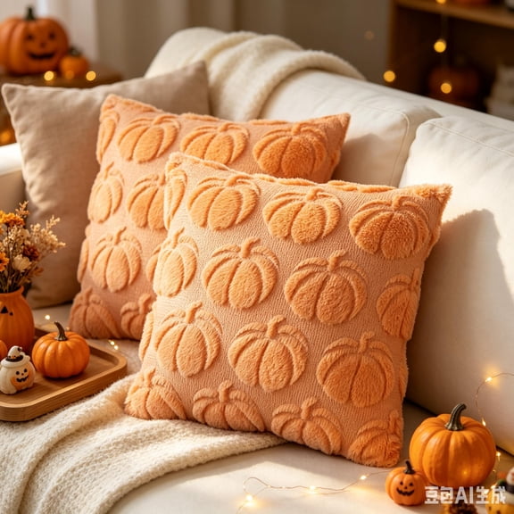 Halloween Pumpkin Throw Pillow Cover, 20x20 Inch Embossed Pumpkin Fuzzy Plush Cushion Case, Soft Fluffy Square Pillowcase for Fall Halloween Thanksgiving Farmhouse Sofa Couch Home Decor
