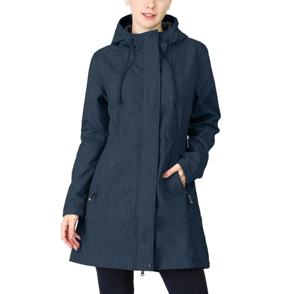 33,000ft Women's Softshell Long Jacket with Hood Fleece Lined Windproof Warm up Waterproof Windbreaker