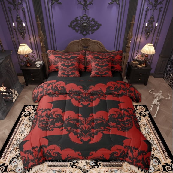Manfei Western Damask Print Twin Bedding Sets 7-Piece for Kid, Black Red Bat Bedding Comforter Set, Halloween Theme Reversible Sheet Sets, Lightweight Room Decor