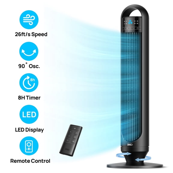 DREO Tower Fans for Home, 32" Standing Floor Fan, 26 ft/S Bladeless Fan with Remote, 90° Oscillating, 3 Modes, 3 Speeds, LED Display, 8H Timer, Quiet Room Fan