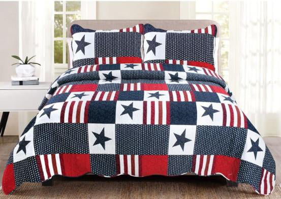 LIBERTY STAR 3pc Full Queen QUILT SET COUNTRY RED WHITE BLUE CHECK PRINTED 