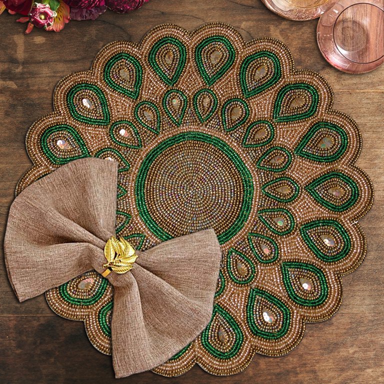 Gold Green Beaded Placemats Set of 2 Peacock Design for Fall