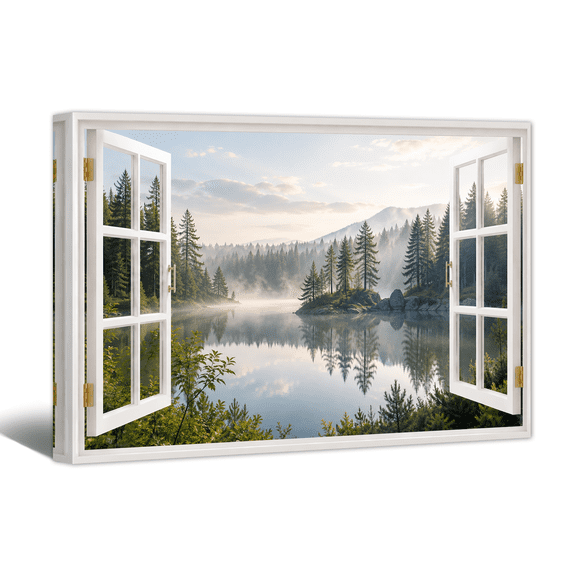 Forest Lake Canvas Wall Art - Open Window Misty Reflected Waters Prints, Horizontal Natural Landscape Artwork Paintings for Living Room Bedroom Home Wall Decor