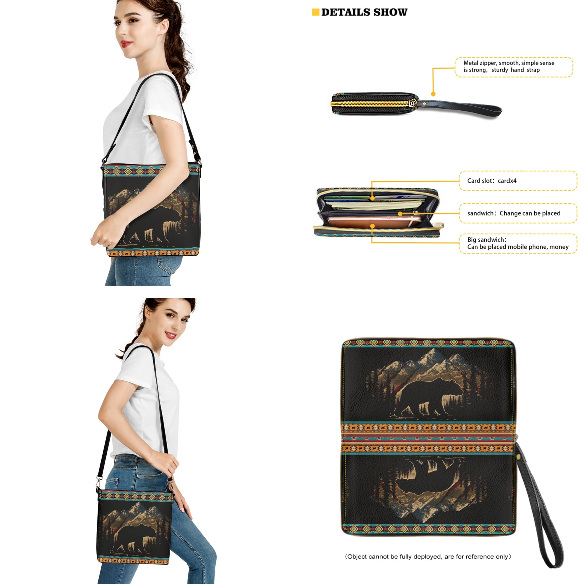 ZUXONGSY Aztec Bear Snow Mountain Print Top-Handle Handbags with Purse for Women Multipurpose Crossbody Handbag with Leather Wallet Trendy Bucket Purse and Wallet Set for Dating