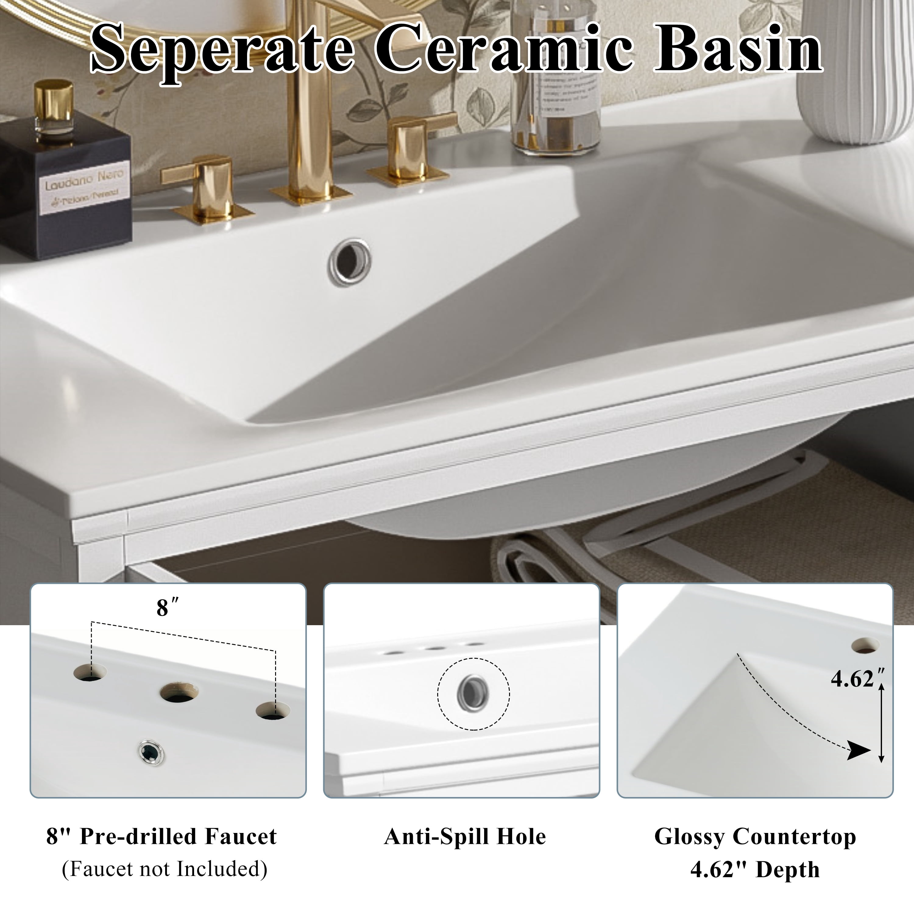 Euroco 30" Modern Bathroom Vanity with Ceramic Sink, Tempered Blurred Glass Doors, Adjustable Shelf & Matte Hardware – Rubber Wood Frame, Widespread Faucet Compatible