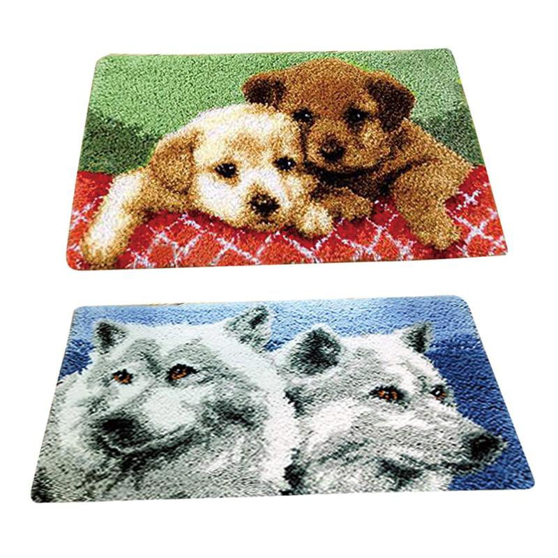 2pcs Latch Hook Kits with Basic Tools Handmade Carpet and Pillowcase Wolf Pattern DIY Gifts