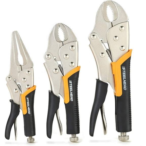 STEELHEAD 3-Piece Locking Pliers Set, 10-inch Curved Jaw, 7-Inch Curved Jaw & 6-1/2” Long Nose Straight Jaw, Integrated Wire Cutter