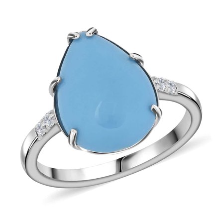 Luxoro AAA Sleeping Beauty Turquoise White Diamond Pear 10K White Gold Ring for Women Jewelry Size 6 Ct 3.7 I2 Clarity Valentines Day Gifts