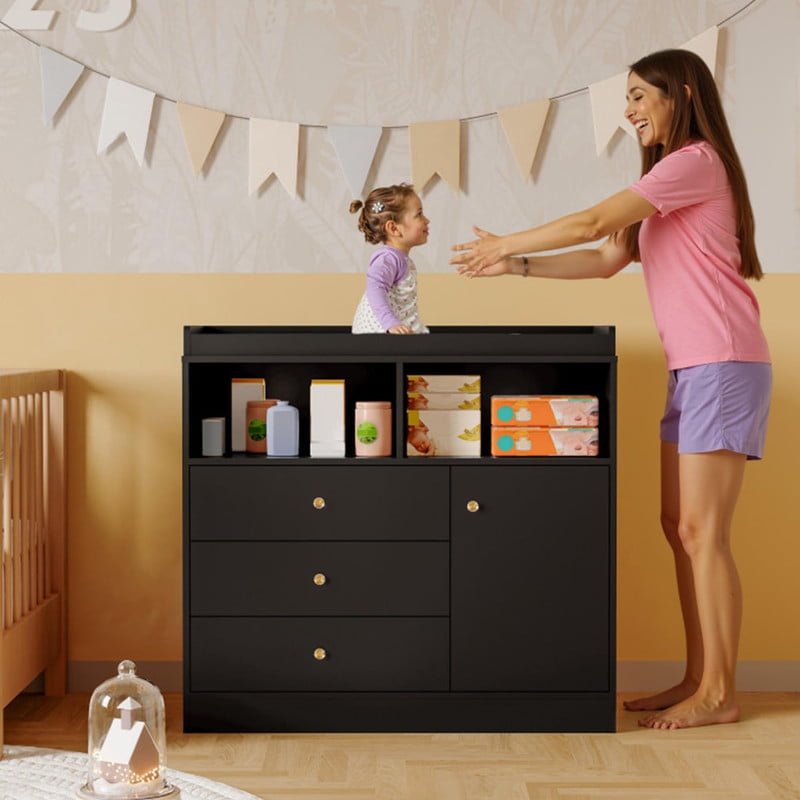 TROPOW Baby Changing Table Dresser with Detachable Top, Wooden Diaper Station with 3 Drawers, 2 Shelves & Cabinet, Modern Nursery Dresser for Baby Room, Black