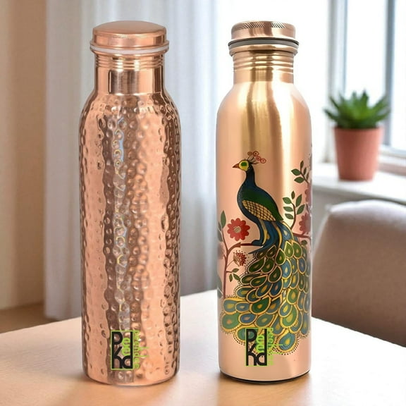 Peekdee Copper Drinking bottle Hammered with Peacock Printed Travel Use purpose Bottle set of 2