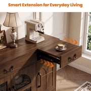 Keenstone Expandable Buffet Cabinet with Storage, 55.1 W Sideboard Cabinet with Drawers and Glass Doors, Coffee Bar Cabinet with Adjustable Shelves, Dark Brown