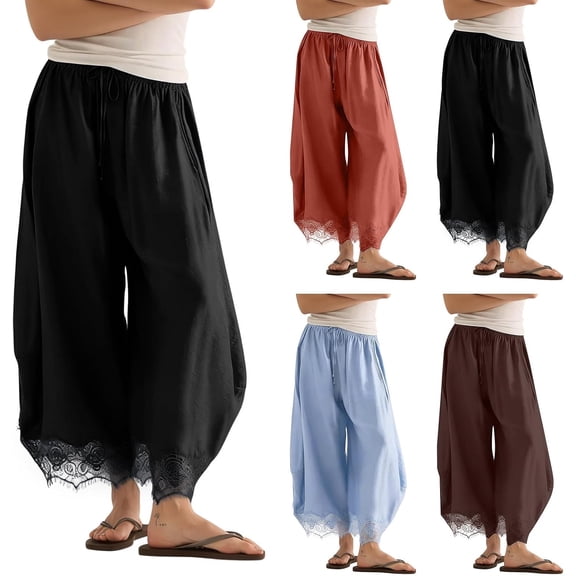 Women's Cropped Lace Hem Pants, High Waist Drawstring Wide Leg Palazzo Trousers for Summer Fall
