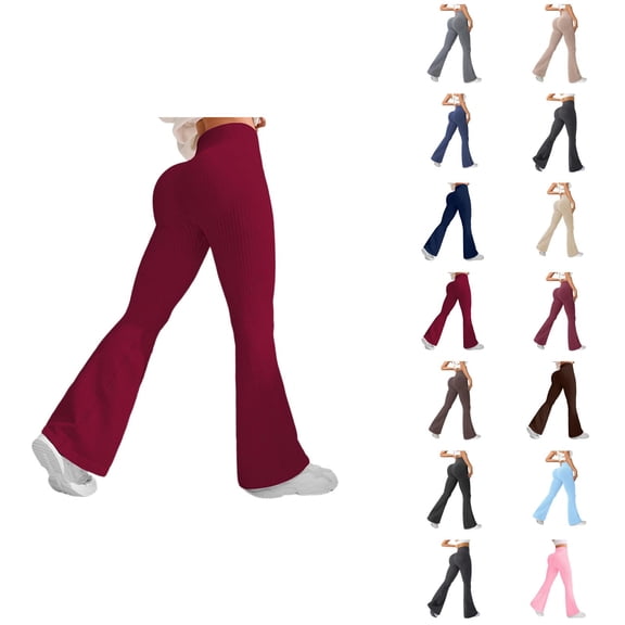 Ribbed Leggings for Women High Waisted Tummy Control Flared Leggings Stretch Soft Yoga Pants Lifting Workout Pants