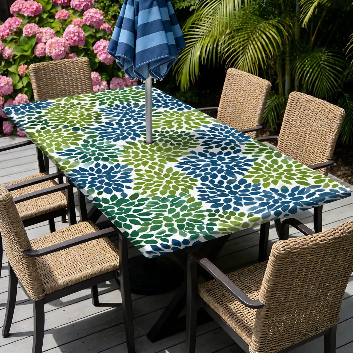 Rectangle Outdoor Tablecloth with Umbrella Hole and Zipper Waterproof Rectangle Fitted Tablecloth with Elastic Edge, Wipeable Outdoor Table Cover for Patio, Garden, Picnic