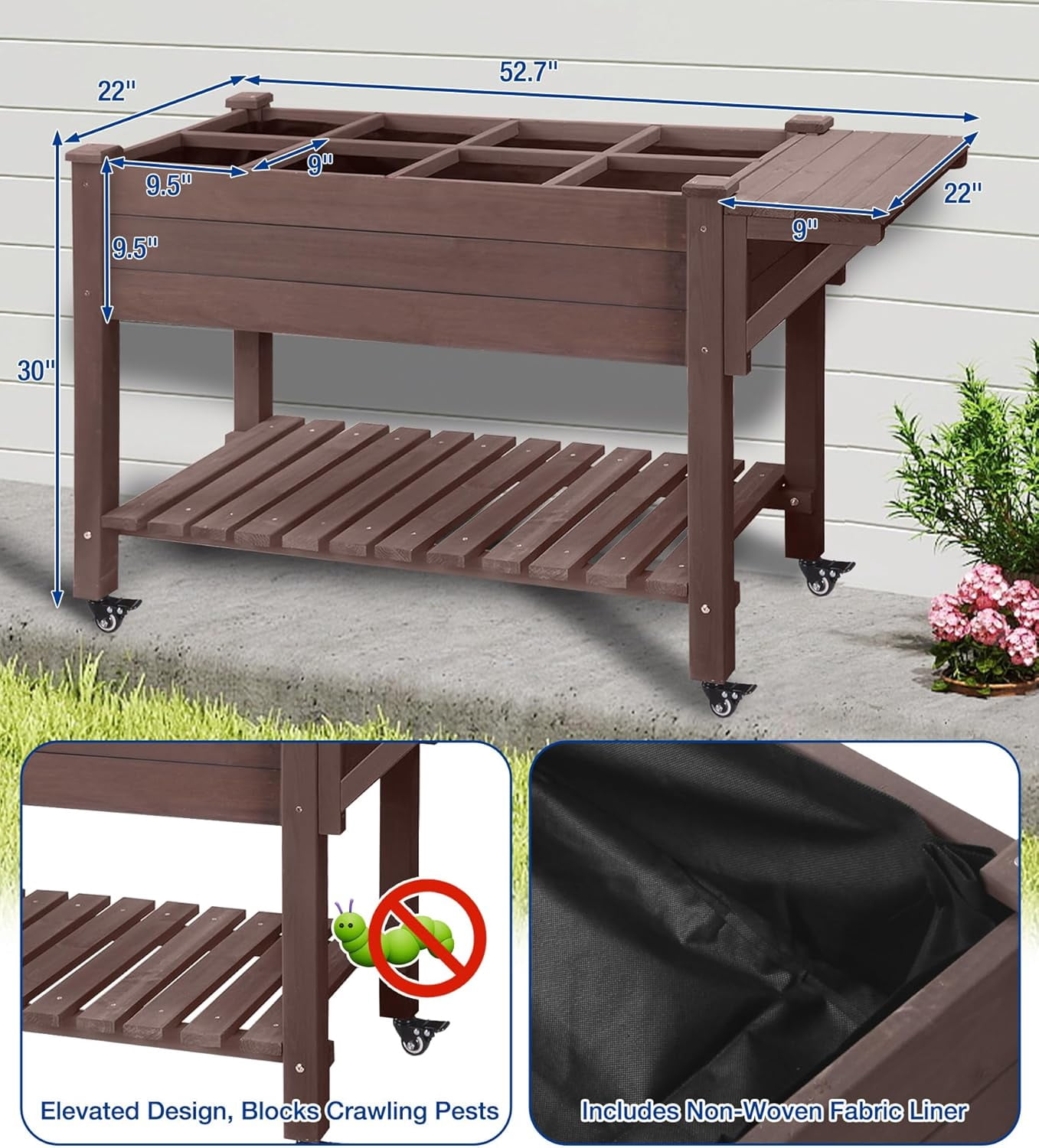 MEDEHOO Raised Garden Bed Outdoor with Wheels, 52.7" Elevated Wooden Garden Bed with 8 Planter Boxes, Removable Dividers, Storage Shelf, Standing Mobile Planter with Non-Woven Liner