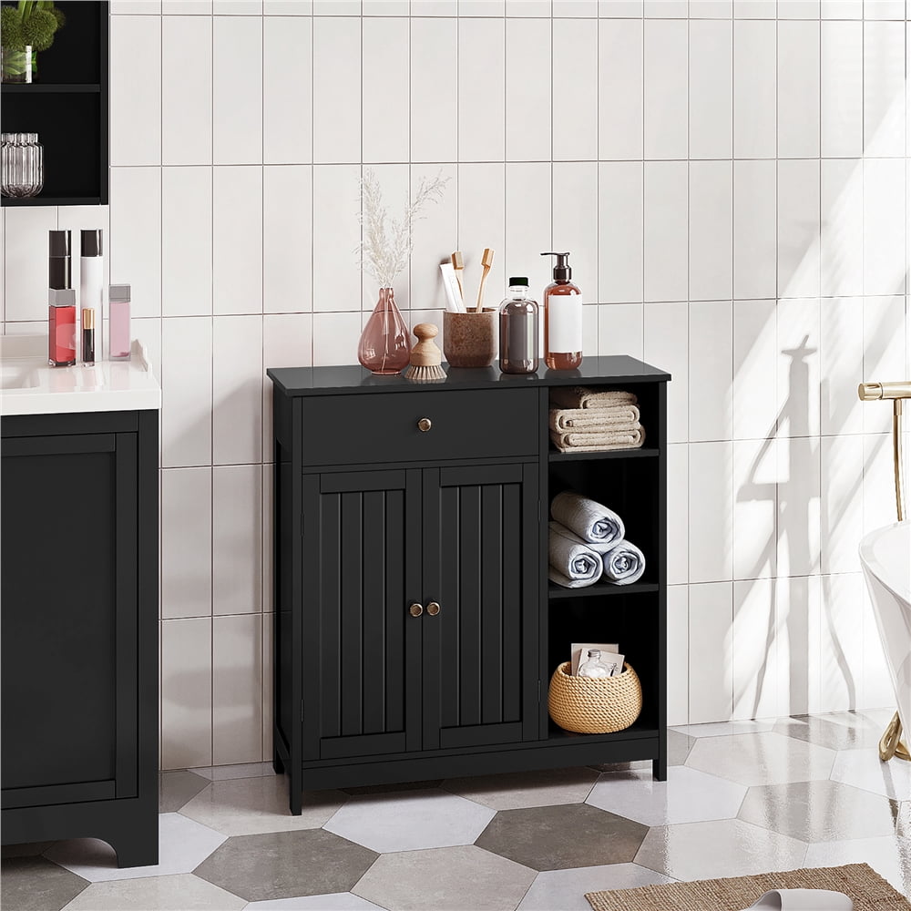 Yaheetech Modern Wooden Bathroom Storage Cabinet with 3 Open Shelves & Drawer, Black