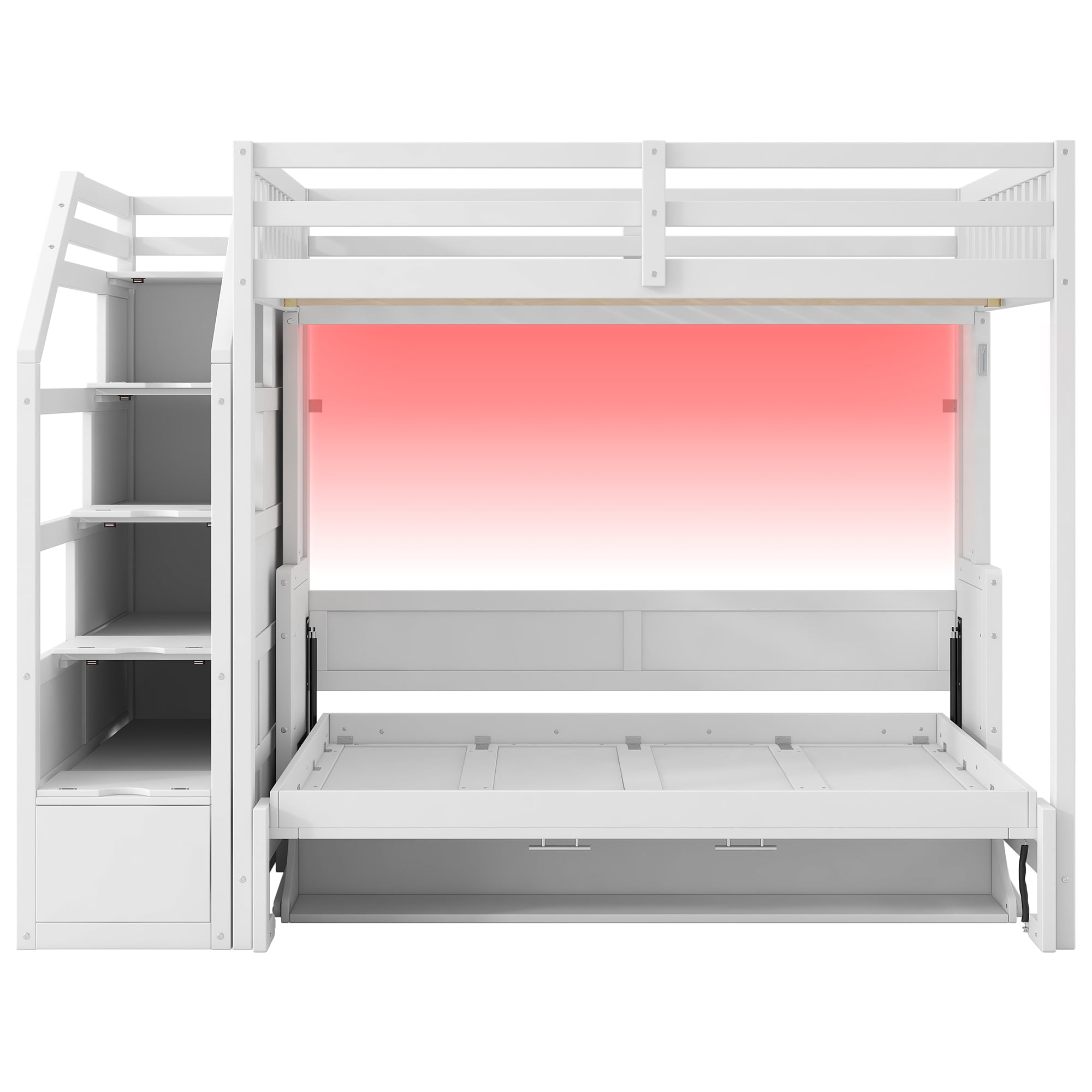Euroco Wood Full XL Loft Bed with Storage Staircase, Full Murphy Bed with Desk and LED Light, Convertible Bunk Bed, White