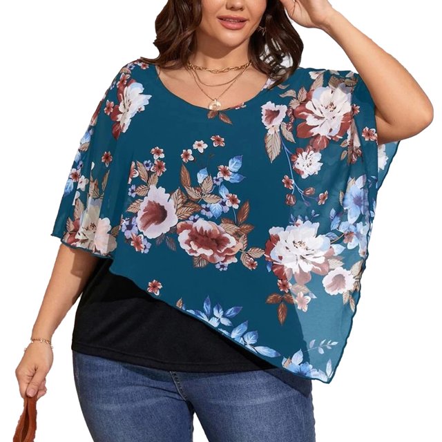 Estampado Casual Chal Top Cuello Redondo Asimétrico Transpirable Gasa Chal Blusa para Fiesta Compras Viajes Azul 4XL