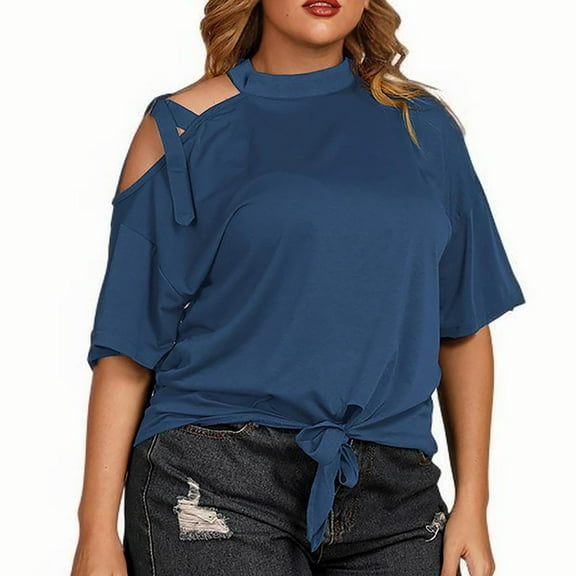 Plus Size Women’s off Shoulder T-Shirts Crew Neck Strappy Loose Tees Summer Fashion Short Sleeve Tops,Blue,XXL