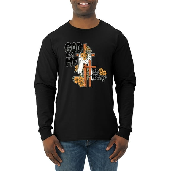 Wild Bobby God Made Me This Way Cross with Sunflowers Inspirational/Christian Men Long Sleeve Shirt, Black, Small