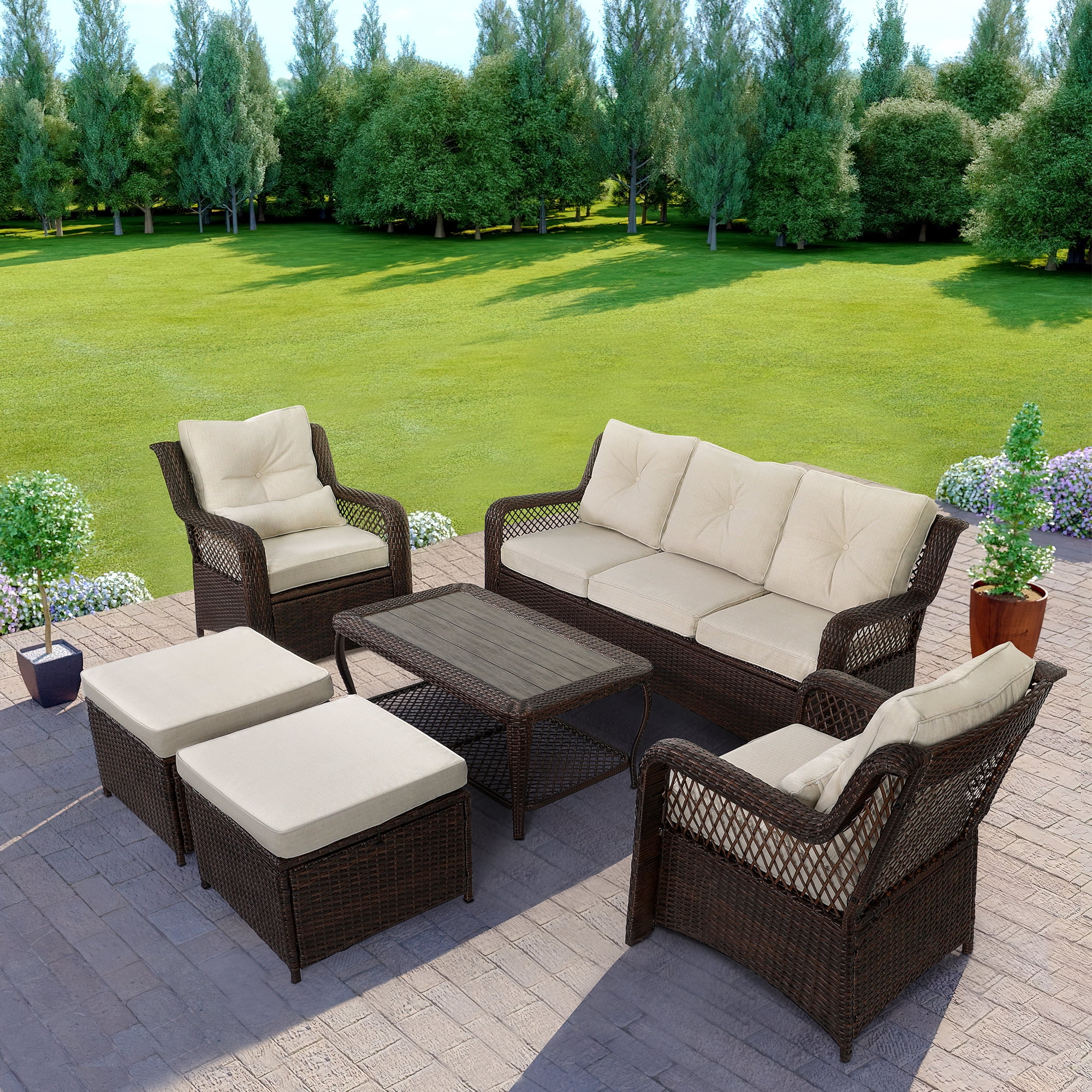 HOMREST Patio Furniture Set 6 Pieces Rattan Outdoor Patio Conversation