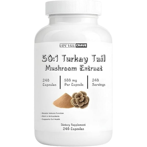 Freeze-Dried Turkey Tail Mushroom 50:1 Extract Capsules, 500mg, 240 Count – Immune Support, Antioxidant-Rich, Non-GMO, Gluten-Free Supplement for Men & Women