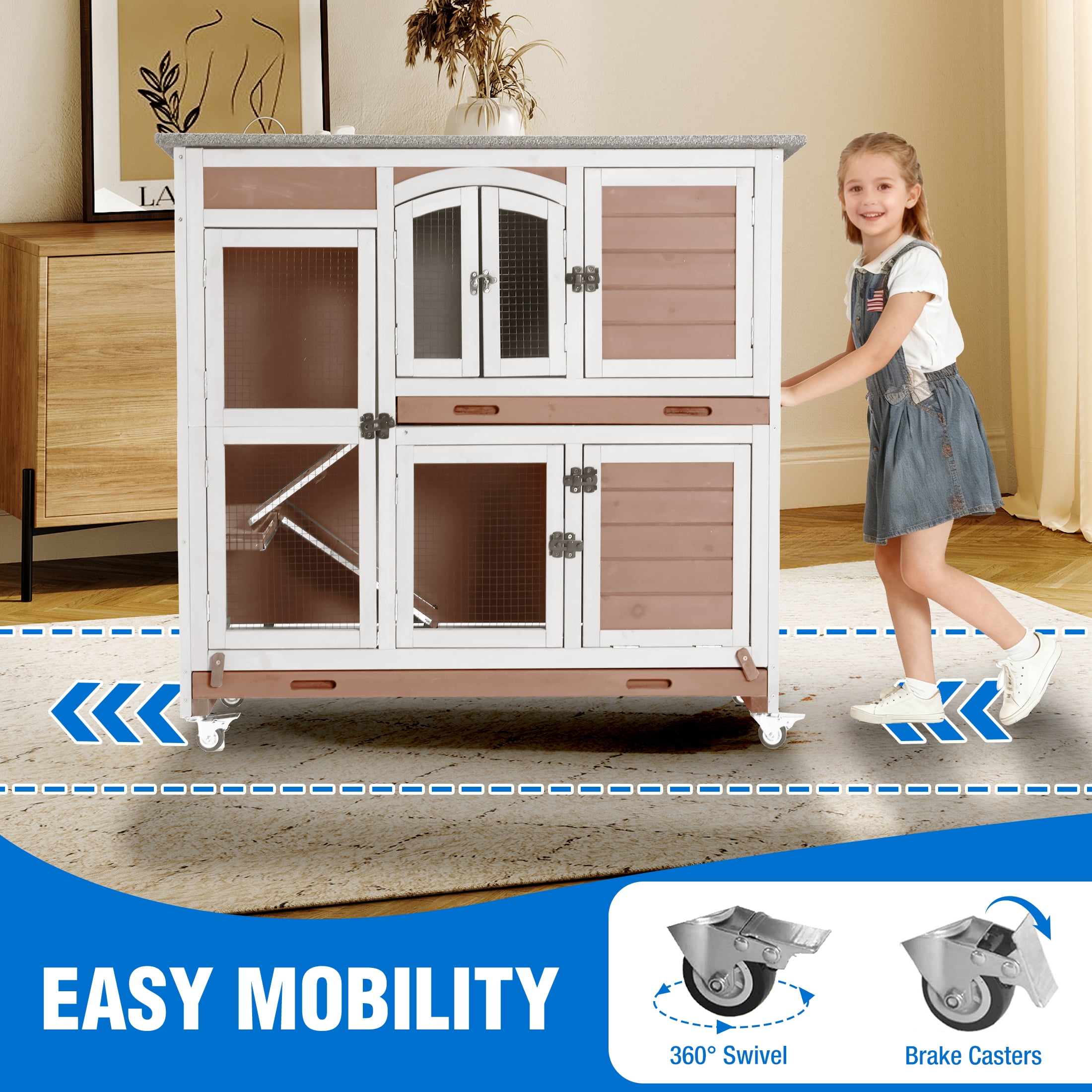 Suumerpety Rabbit Hutch Indoor Bunny House Guinea Pig Cage with Slide-Out Tray Wooden Small Animal Cage with Wheels & Ramp for Rabbits and Bunnies