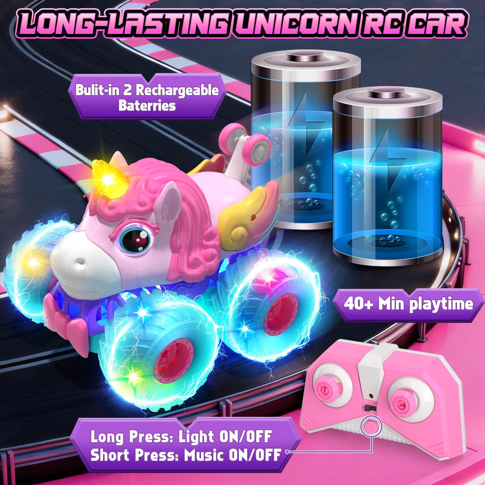 Unicorn Remote Control Cars for Girls, Remote Control Monster Truck for Girls, Pink Rc Stunt Car Unicorn Toys Cars with LED Lights for Girls Age 4 5 6 7 8 9 10 11 12