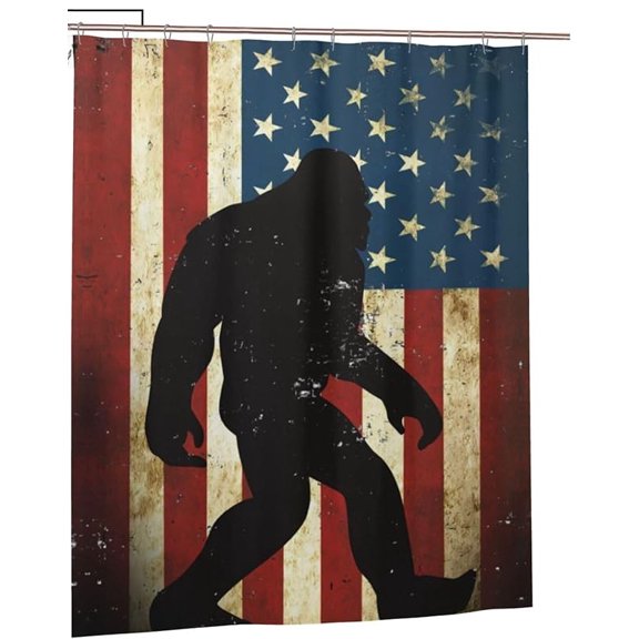 Bigfoot Shower Curtain, Bigfoot UFO American Flag Bathroom Shower Curtain, Bigfoot Shower Curtain