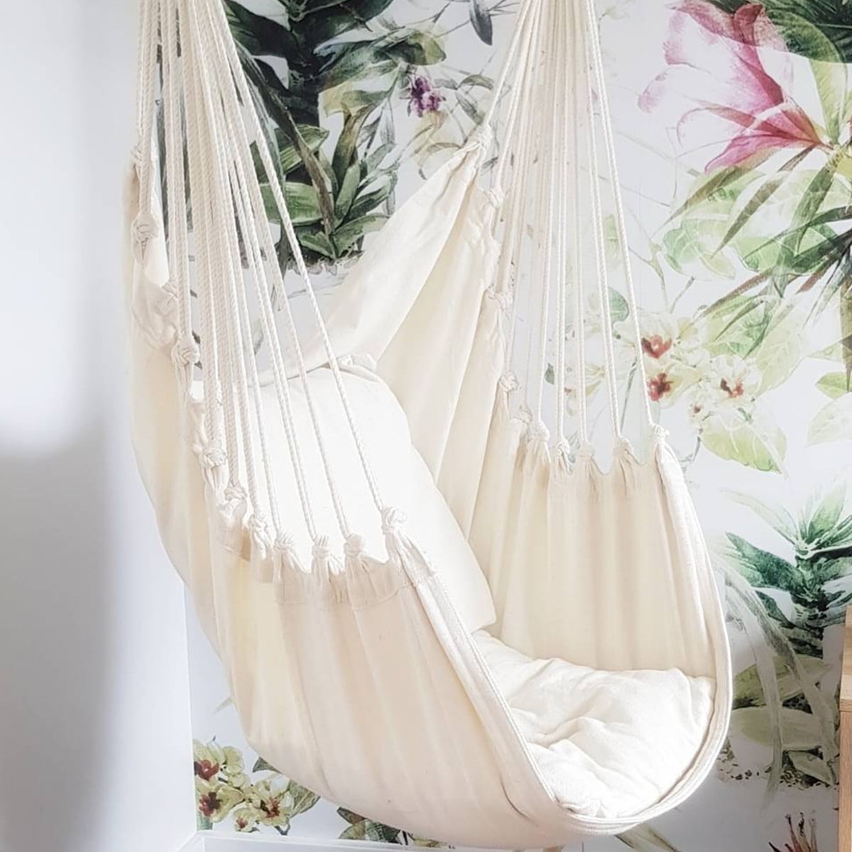 Hammock Chair Hanging Rope Swing Chair with 2 Cushions, Hammock Swing Seat Cotton for Patio 