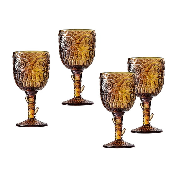 Godinger Owl Wine Glasses, Stemmed Wine Glasses, Wine Glass Goblets, Drinking Glasses - Set of 4