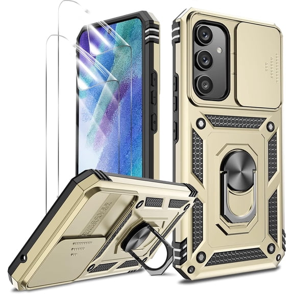 for Samsung Galaxy A54 Case, Galaxy A54 5G Phone Case with Slide Camera Cover   [2 Pack] Screen Protector, Military-Grade Case with Ring Kickstand for Samsung A54 5G, Gold