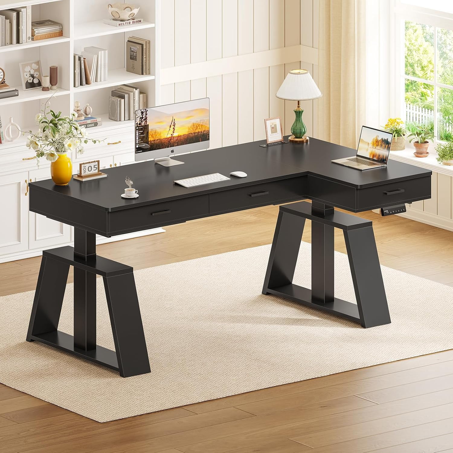 SEDETA 59 Inch L Shaped Electric Standing Desk with Drawers, Executive Adjustable Motorized Sit Stand Computer Table with Power Outlets, Large Corner Gaming Desk Workstation for Home Office, Black
