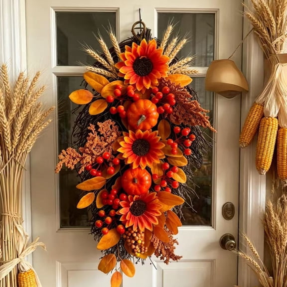 Clearence! Fall Wreath Sunflower Pumpkin Grapevine Swag Front Door Hanging with Autumn Harvest Foliage for Wall Window Porch Thanksgiving Halloween Seasonal Home Decor Indoor Outdoor Decoration