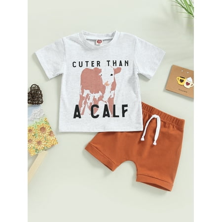 

Infant Toddler Boy Spring Summer Clothes Cow Print Shorts Set Short Sleeve T-Shirt Casual Shorts Western Cowboy Outfits (Grey Cow 0-2 Years)