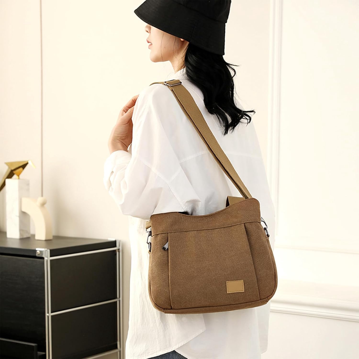 Heavy Duty Canvas Organized Hobo Bag for Women Daily Shoulder Crossbody Bag with 3 Compartment