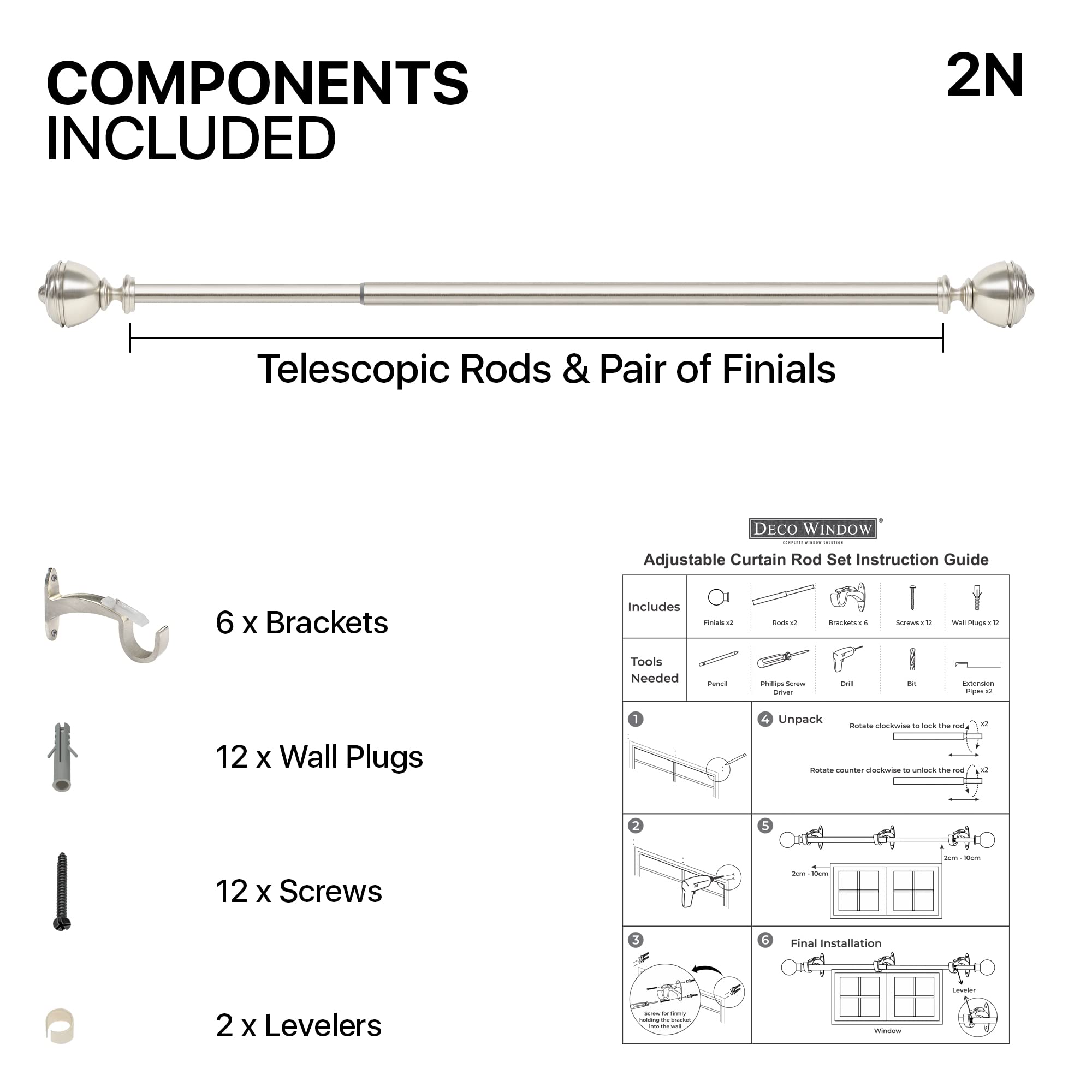Deco Window Modern 1 in Satin Silver Stacked Round Adjustable Single Curtain Rods, 52 in - 144 in