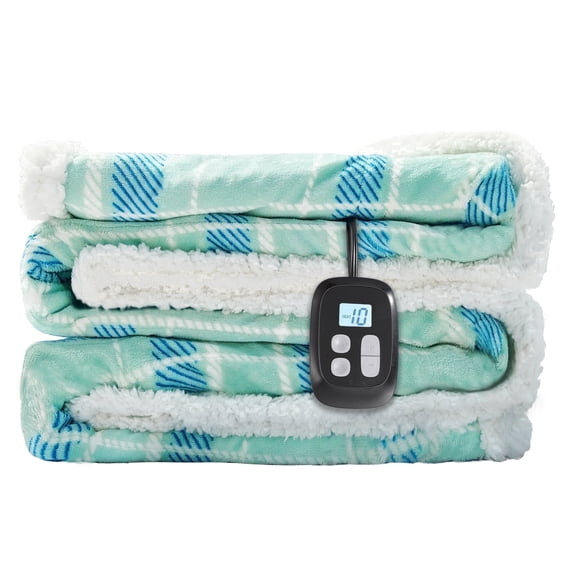 SUNNY HEAT Electric Heated Blanket 72"x84" Full Size, 10 Heating Levels & 12 H Auto Shut off, Cotton & Microplush Plaid, Green
