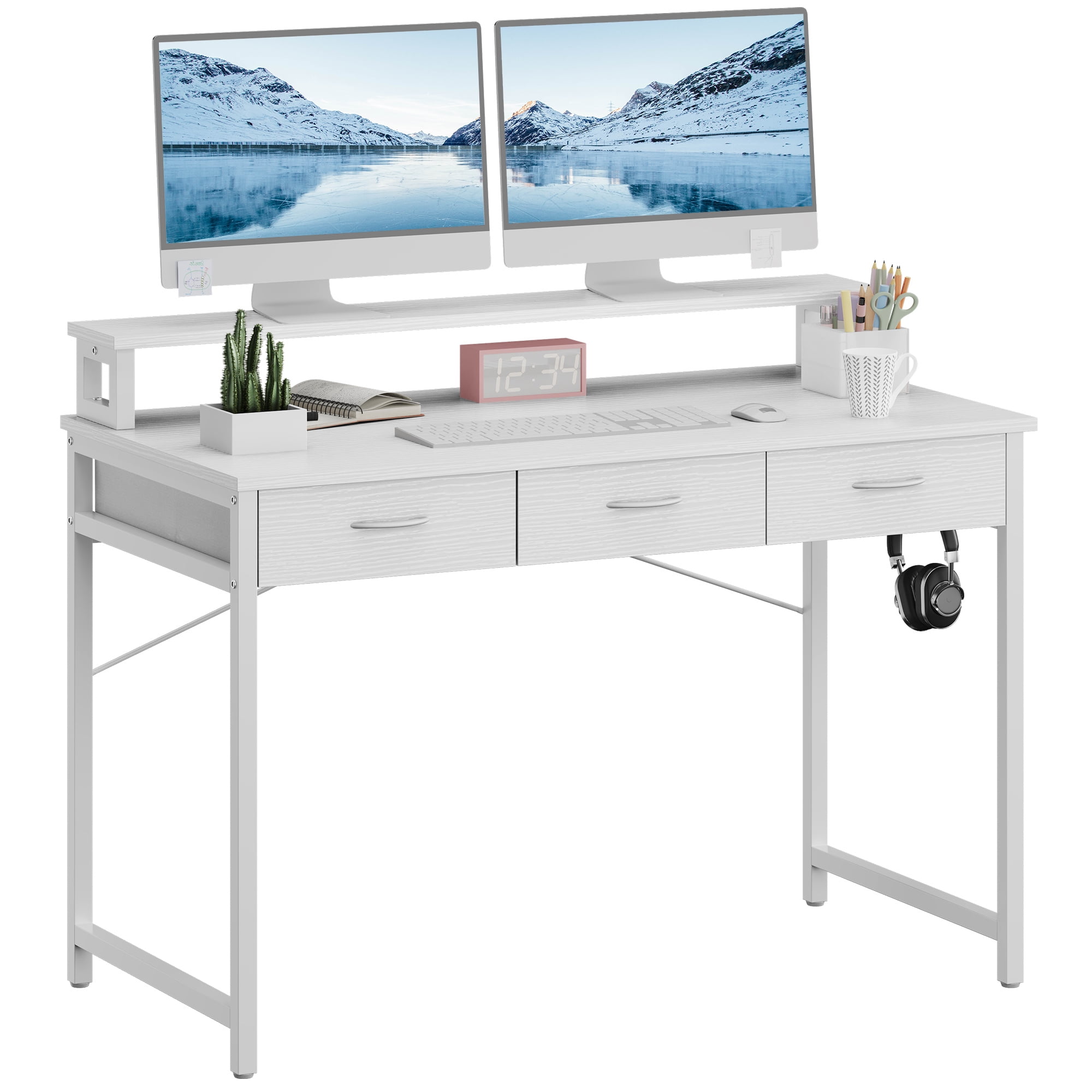 Uforic 40" Computer Desk with Monitor Stand & 3 Drawers, Modern Small Study Desk with Hooks , Home Office Desk Writing Desk for Small Space,Living Bedroom, Gaming, White