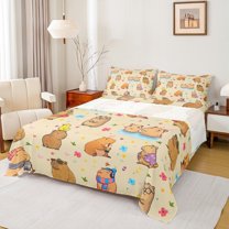 Homewish Kawaii Capybara Twin Sheet Sets,Colorful Flower Floral Twin Fitted Sheet,Cartoon Animal Flat Sheet For Girl Boy,Microfiber Bedroom Decor,3 Pieces