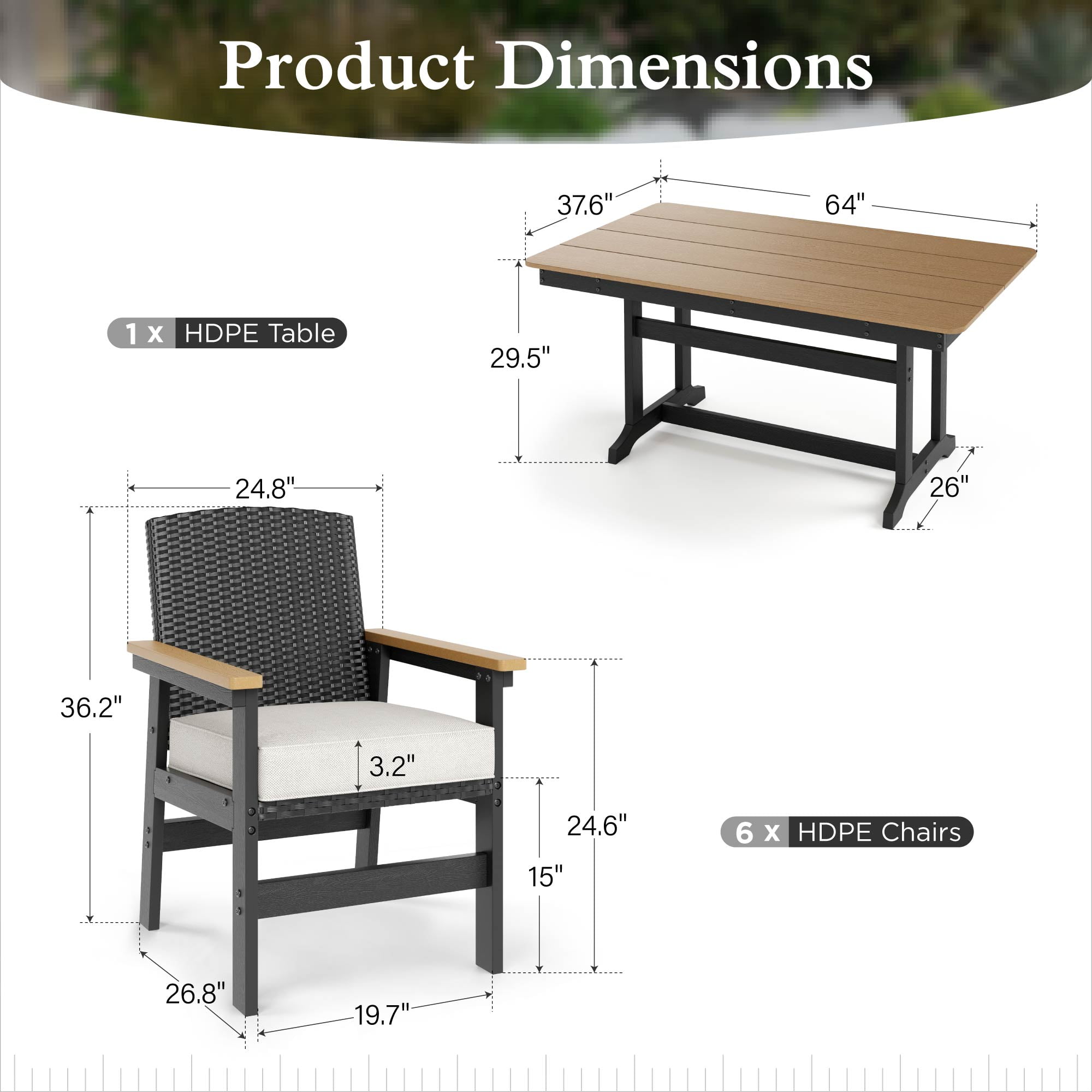Sophia & William 7 Pieces Patio Outdoor Dining Set HDPE Furniture Set Wood-grain Table and Chairs Set with Wicker Back
