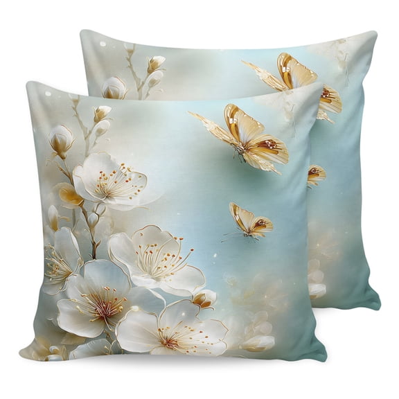 Pillow Covers 24x24 Set of 2, White Golden Floral Throw Pillow Covers Decorative Couch Cushion Cover, Farmhouse Butterflies Ombre Romantic Microfiber Soft Pillowcases for Bedroom Living Room Sofa