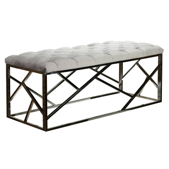 Cortesi Home Kora Long Contemporary Metal Bench Ottoman in Grey Velvet, 43x17x18