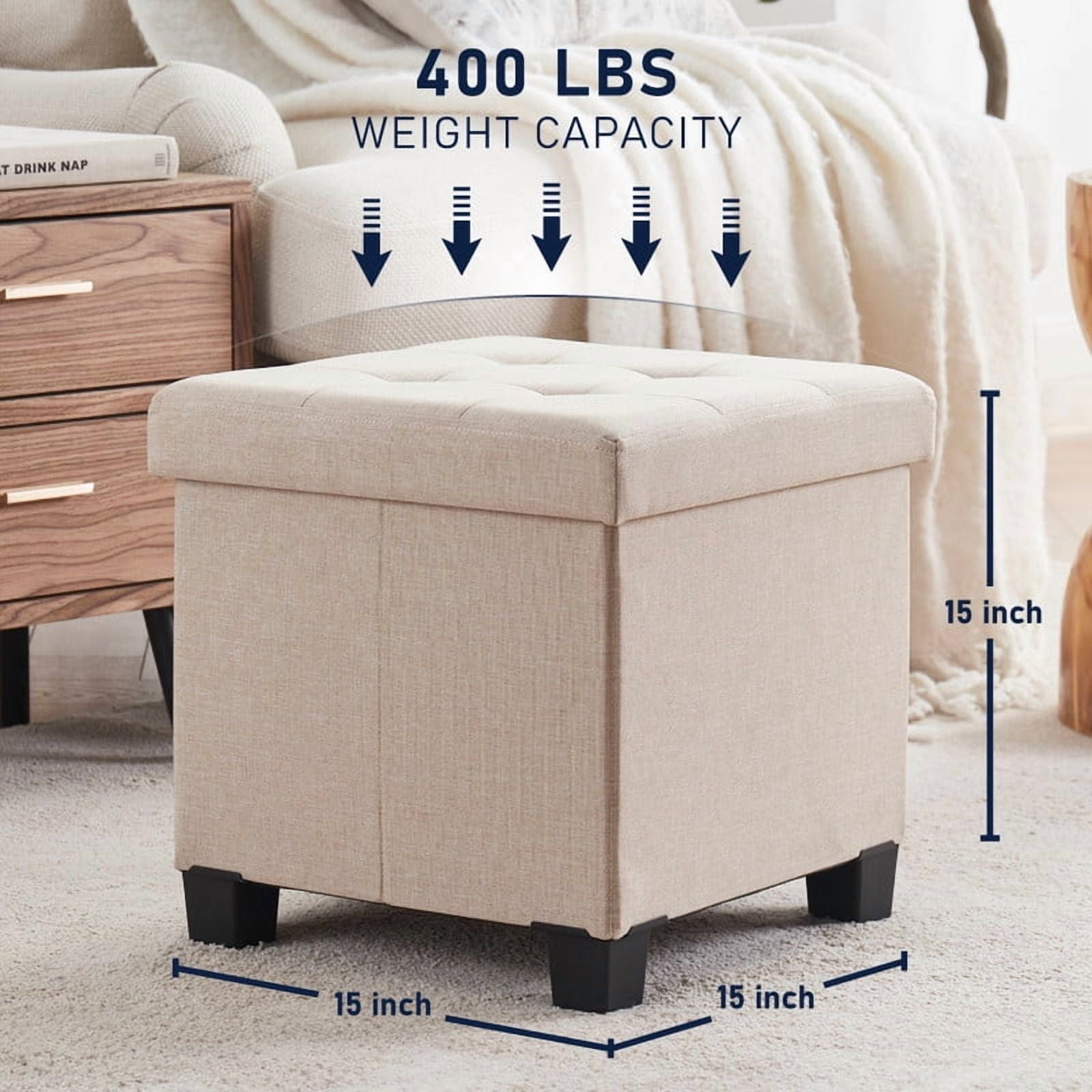 Ornavo Home 15 Inch Folding Storage Ottoman with Storage, Square Cube Linen Small Storage Ottoman Foot Rest Stool with Legs