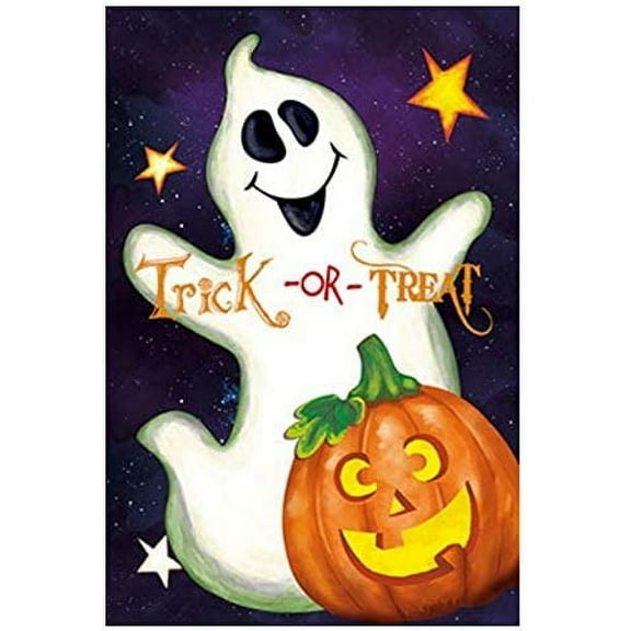 Trick or Treat Halloween Garden Flag - 12" x 18", Double Sided, Happy Ghost and Jack-O-Lantern, Halloween Decor, Pumpkin Patch, Haunted House