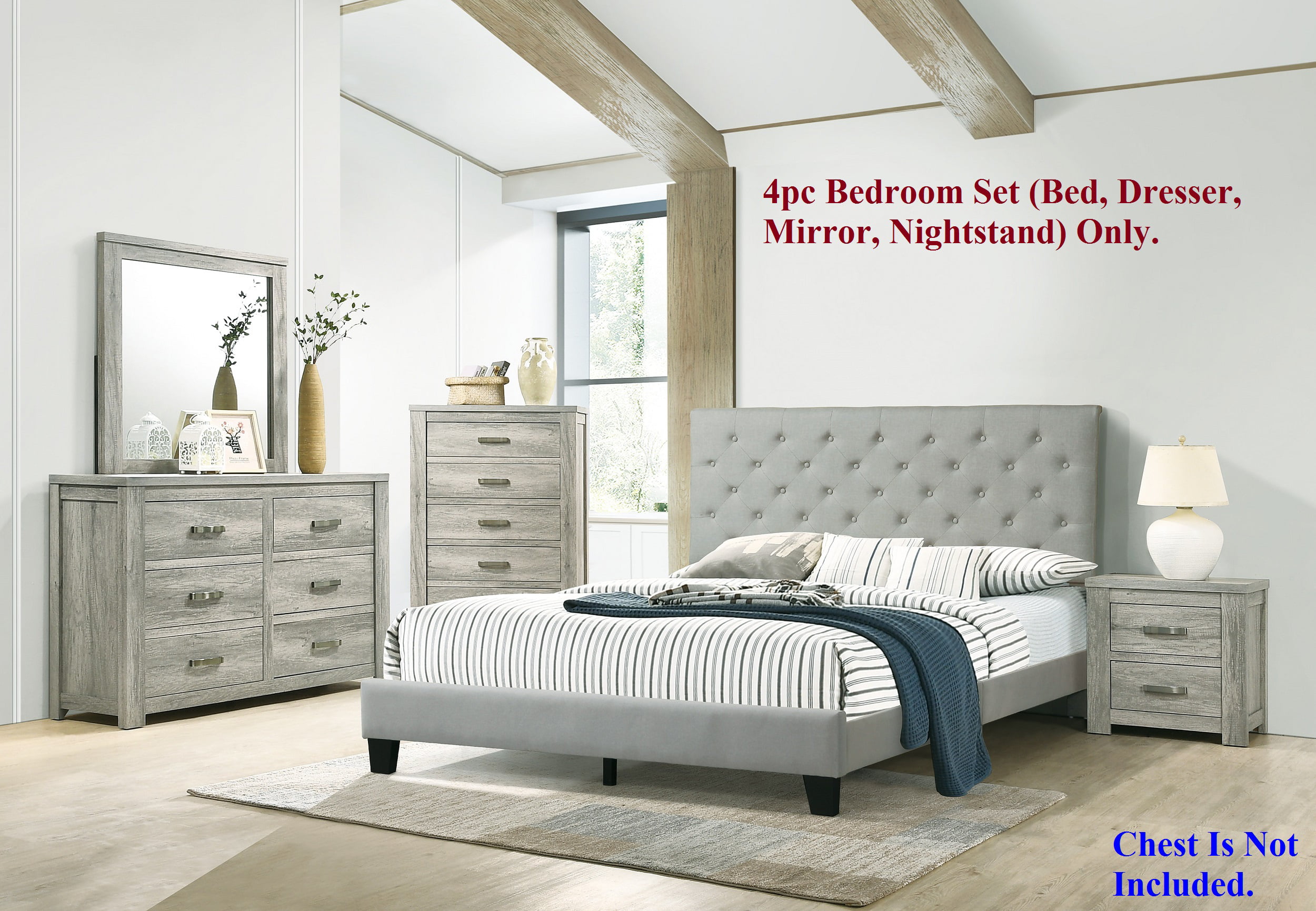 Bed Dresser Mirror Nightstand 4pc Set, Gray King Bedroom Furniture Sets